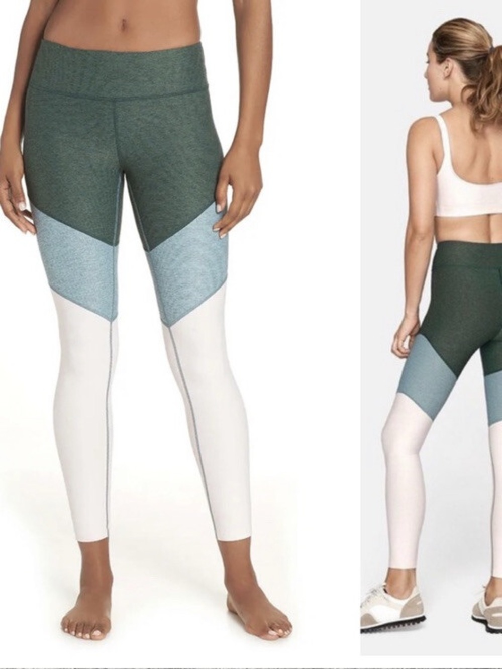 Outdoor Voices Colorblock High-Rise Leggings — Dark Green/Light Blue/White